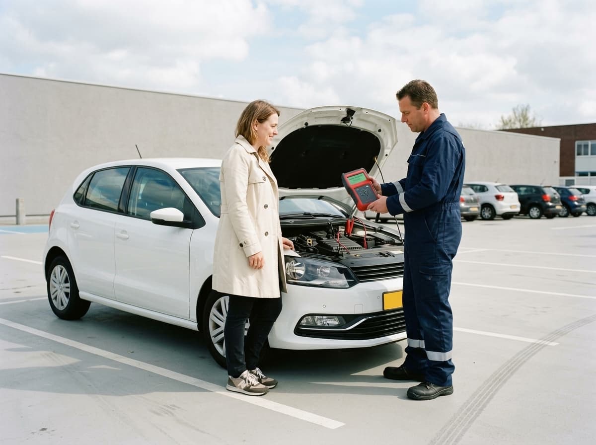 Monteur toont een automobiliste de uitslag van een accutester bij haar auto