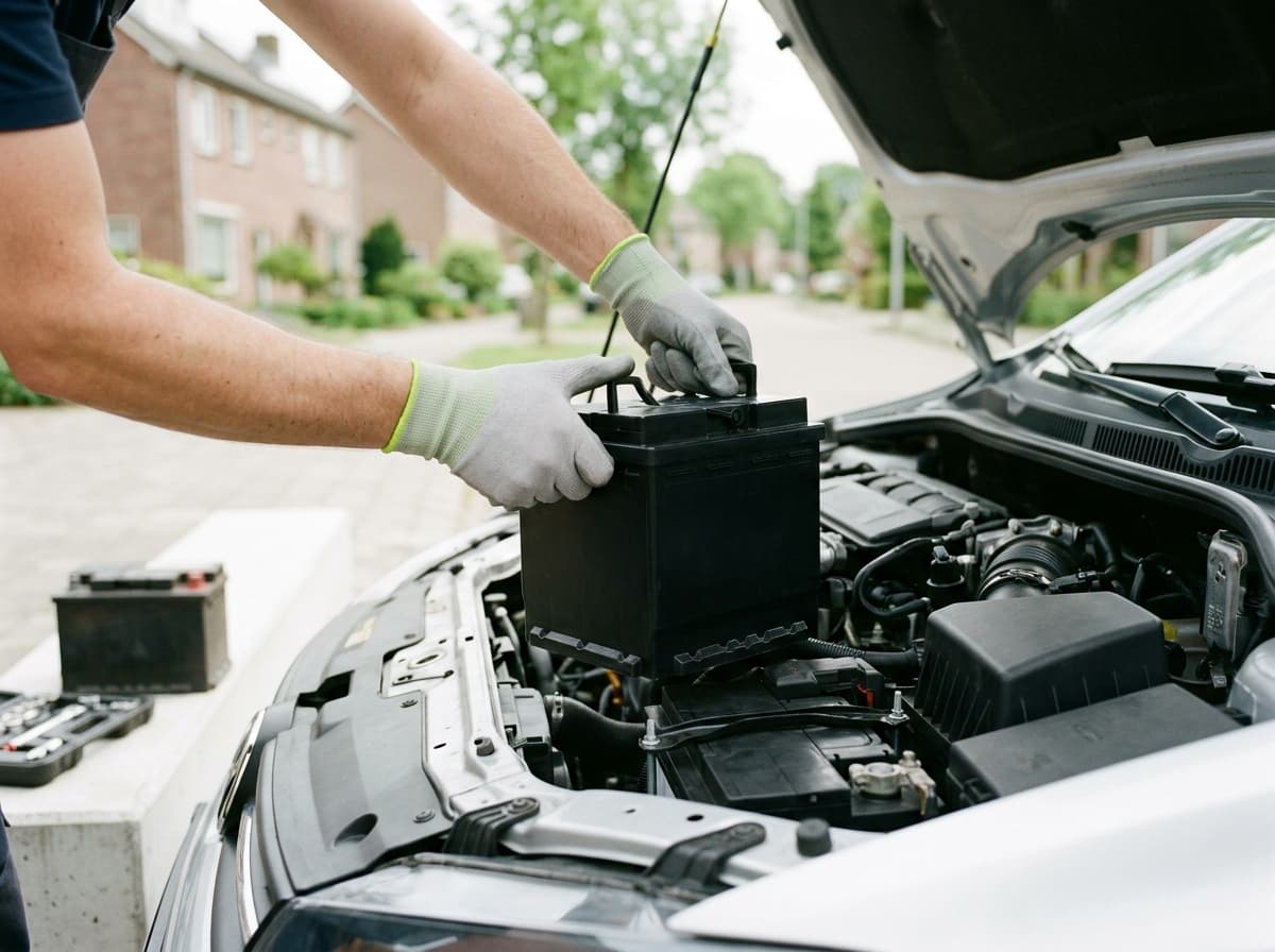 Monteur plaatst met werkhandschoenen een nieuwe accu in de motorruimte