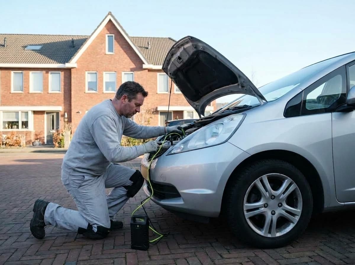 Monteur geeft starthulp aan een auto op een oprit in een woonwijk