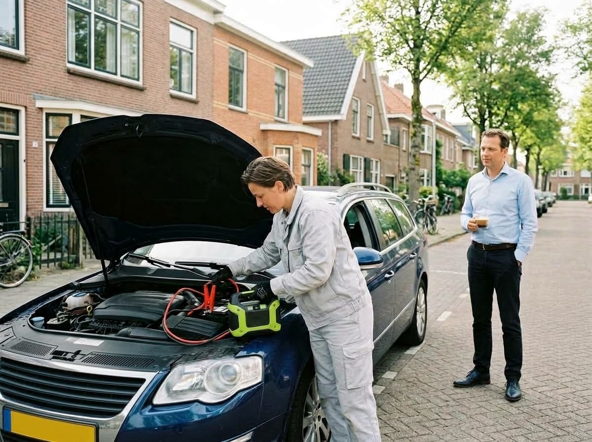 Monteur sluit een startbooster aan op de accu van een geparkeerde auto in een woonstraat